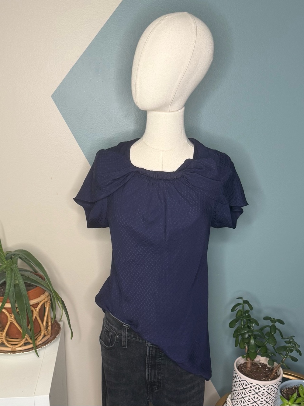 Shoshanna Silk Navy Petal Collar Jacquard Blouse Medium - Picture 2 of 12